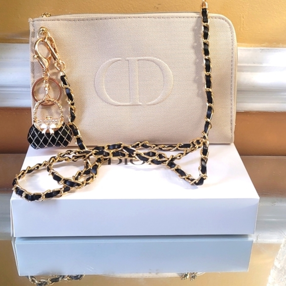Dior Cream Canvas Chain Cosmetic Pouch